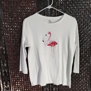 Kim Rogers White T Pink Flamingo 3/4 Sleeve Top  Sequins Small